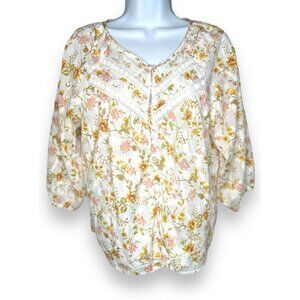 Hester & Orchard White Floral Peasant Top Yellow pink lace prairie feminine